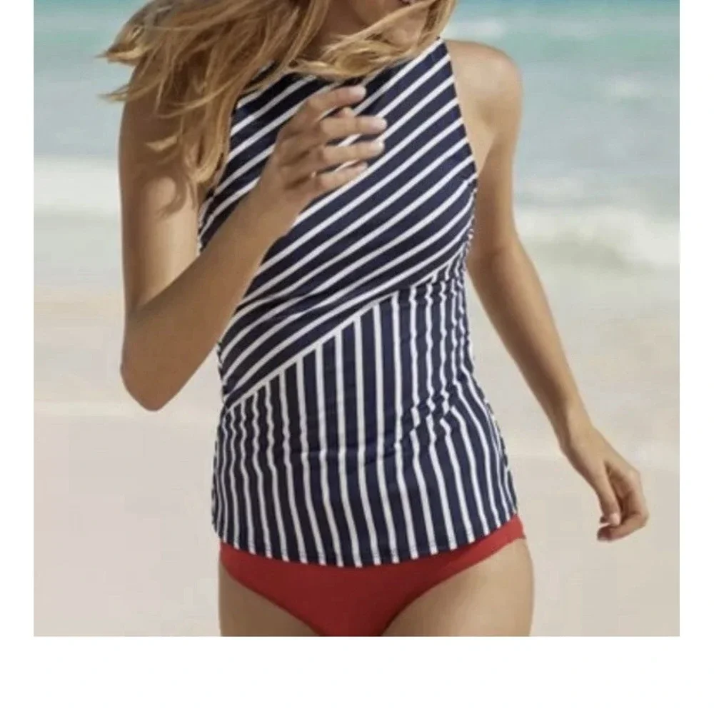 Lands End 14D Swimsuit‎ Tankini Tank Top Navy Blue Stripe High Neck UPF50 NWOT